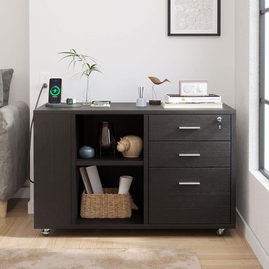 NEW - YITAHOME 3 Drawer File Cabinet with Charging Station, Home Office Furniture, Black - Retail $149