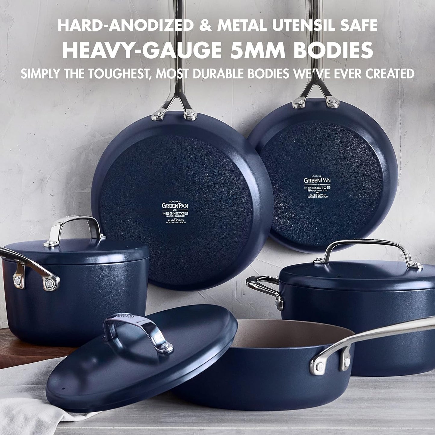 NEW - GreenPan GP5 Hard Anodized Healthy Ceramic Nonstick 14 Piece Cookware Pots and Pans Set,Heavy Gauge Scratch Resistant,Stay-Flat Surface, Induction, Mirror Finish Handle,Oven Safe,PFAS-Free, Blue - Retail $479
