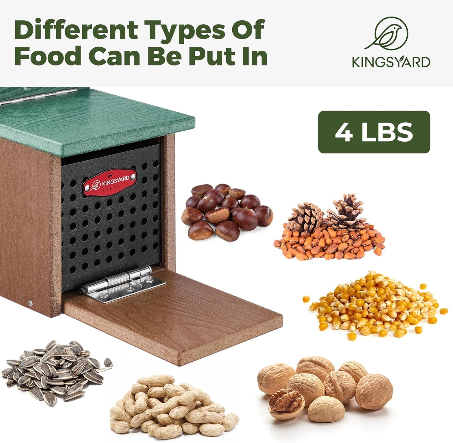 Kingsyard Squirrel Feeder Box for Outside, Recycled Plastic Squirrel Feeder with Removable Metal Front Panel & Perch, Easy to Fill & Clean, Weather-Proof Roof (Green)