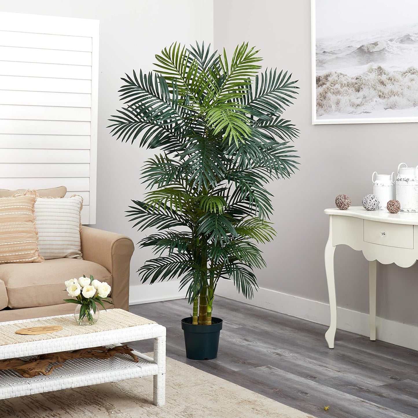 NEW - Nearly Natural 6.5FT Artificial Golden Cane Palm Tree, Fake Palm Tree with Three Realistic Trunks and 333 Lifelike Palm Leaves, Faux Palm Plant for Indoor Home Decor with Black Nursery Planter - Retail $89