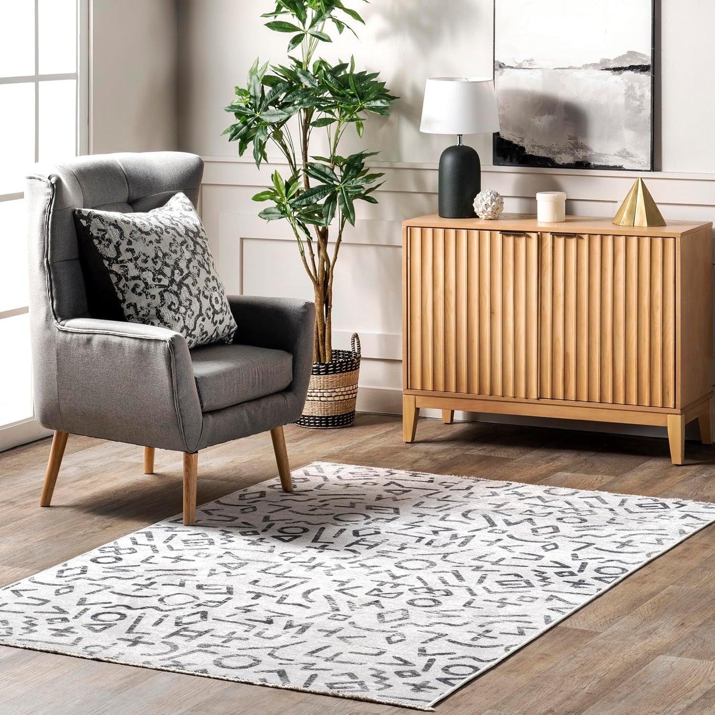 nuLOOM Tania Modern Symbols Machine Washable Area Rug, 4x6, Light Grey - Retail $36