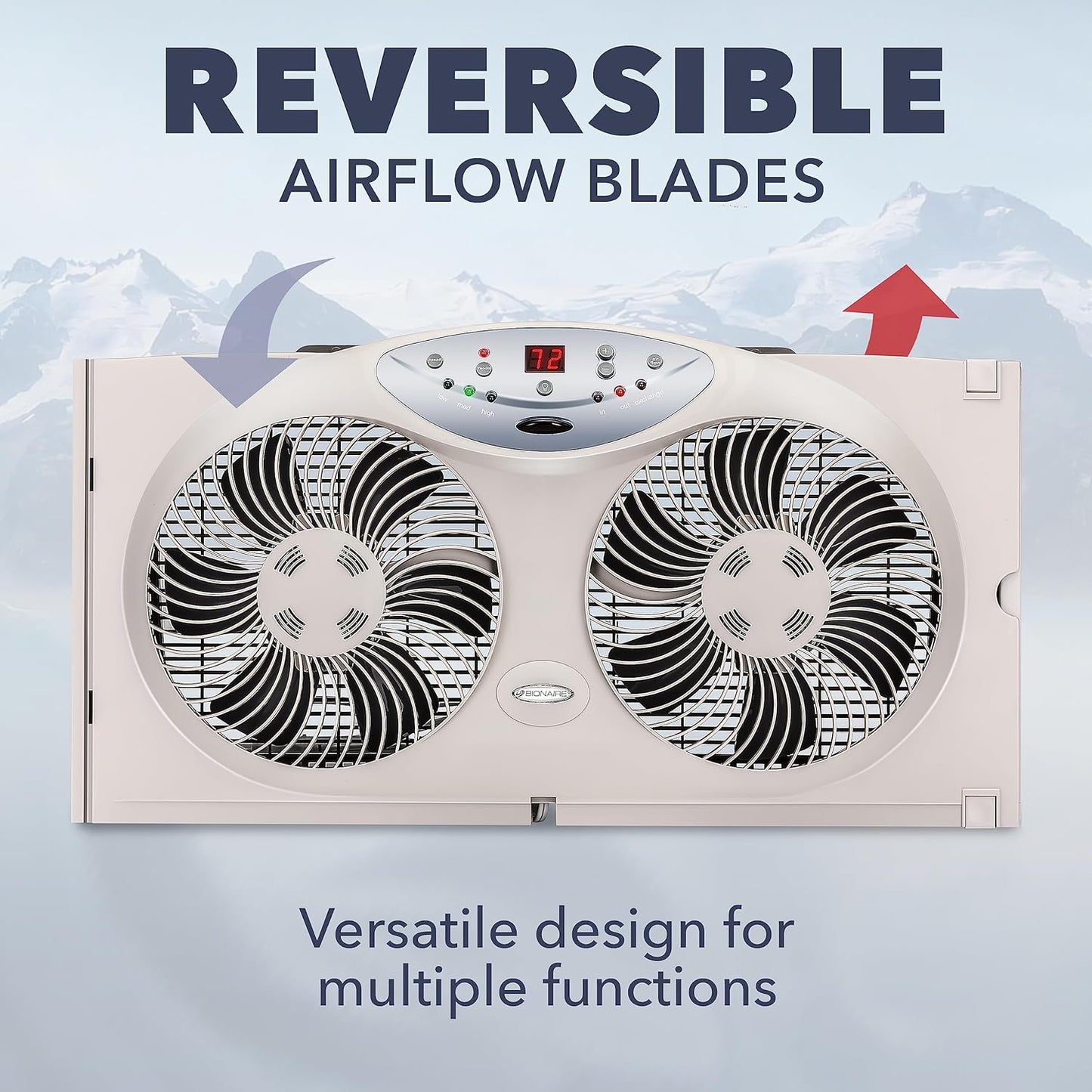 NEW - BIONAIRE Premium Digital 8.5" Twin Window Fan, Reversible Airflow Control, Exhaust and Intake, 3 Speeds, Extender Panels, Programmable Thermostat, LED Temperature Display, Remote Control, Light Grey - Retail $55