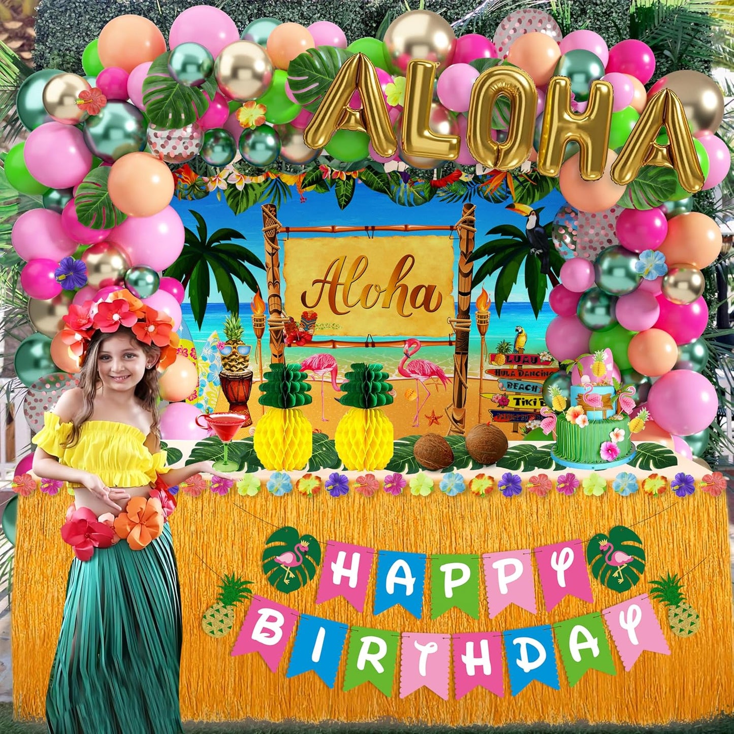Luau Birthday Party Decorations Hawaiian Party Decorations 169 Pcs Tropical Aloha Party Supplies for Summer Beach Holiday Including Balloon Arch Kit Backdrop Table Skirt Banner Cake Toppers Straws