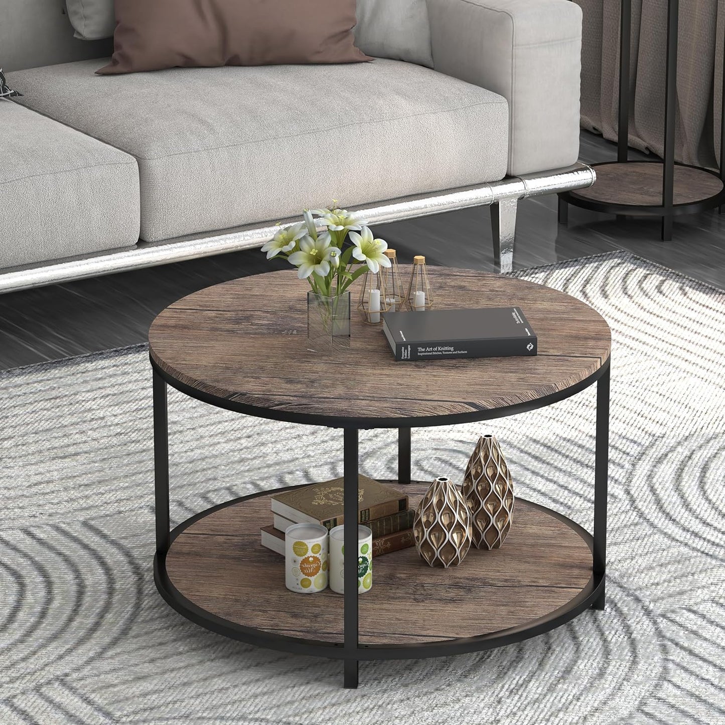 NSdirect Round Coffee Table, 25.6" Small Wood Coffee Table for Living Room, Rustic Modern Farmhouse Style, 2-Tier Storage Shelf Compact Space-Saving Design for Small Spaces(Dark Walnut) - Retail $89