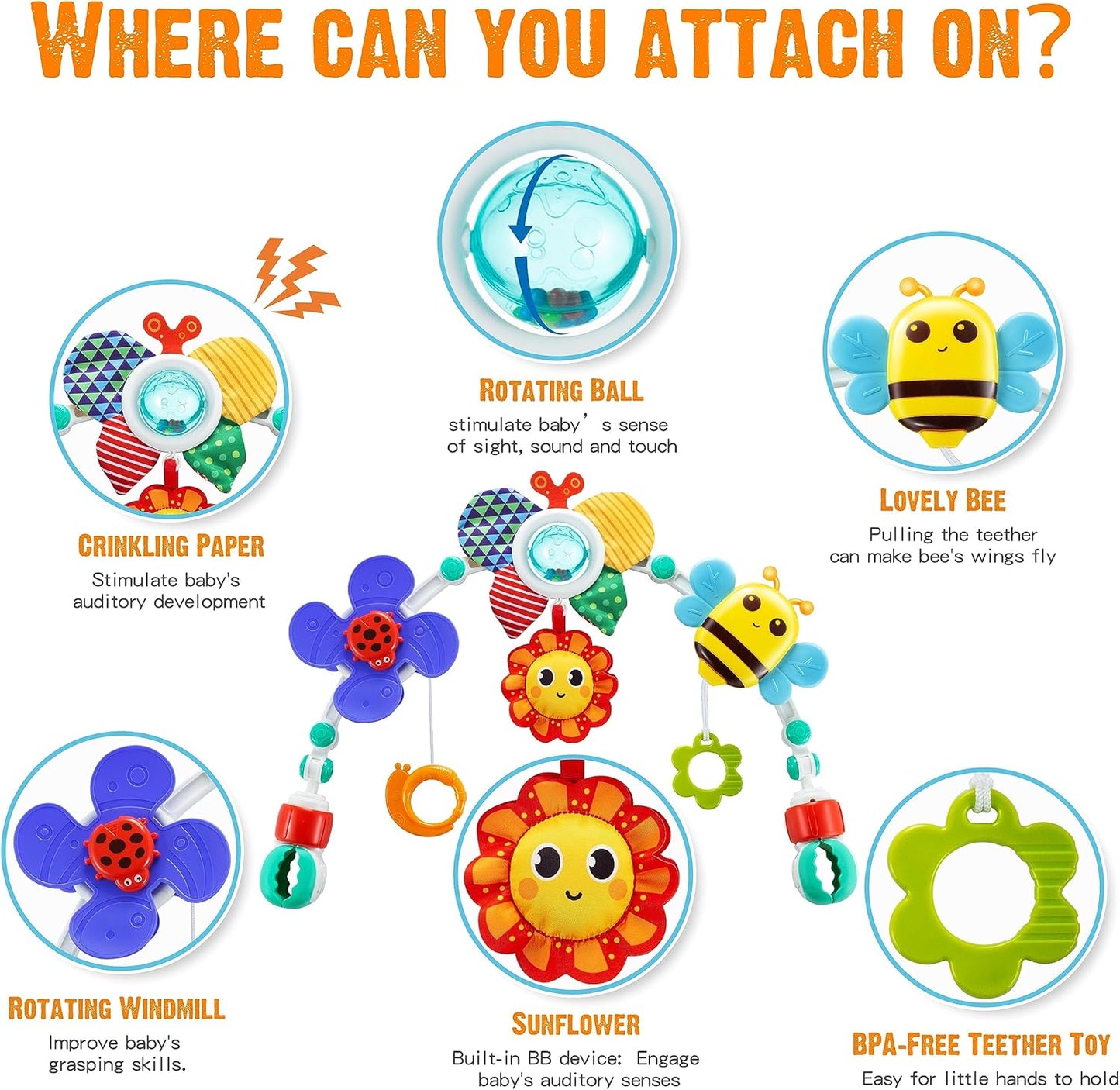 Adjustable Arch Bassinet Toys for Infant & Toddlers, Stroller Arch, Baby Crib Toys with Fascinating Hanging for Stimulating Baby’s Senses and Developing Motor Skills