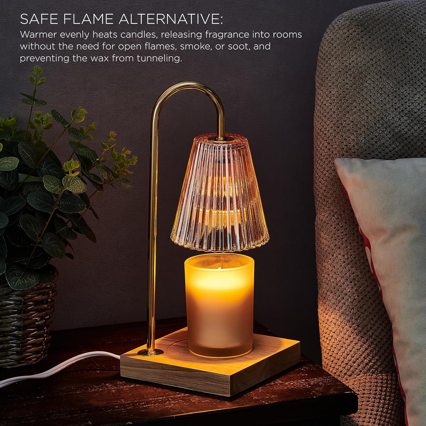 Mikasa Electric Candle Warmer with Glass Shade and Wood Base - Candle Lamp Warmer with Amber Accents - Fits 4 Inch Diameter 5 Inch Tall Candles - Flameless Wax Melter for Home Decor