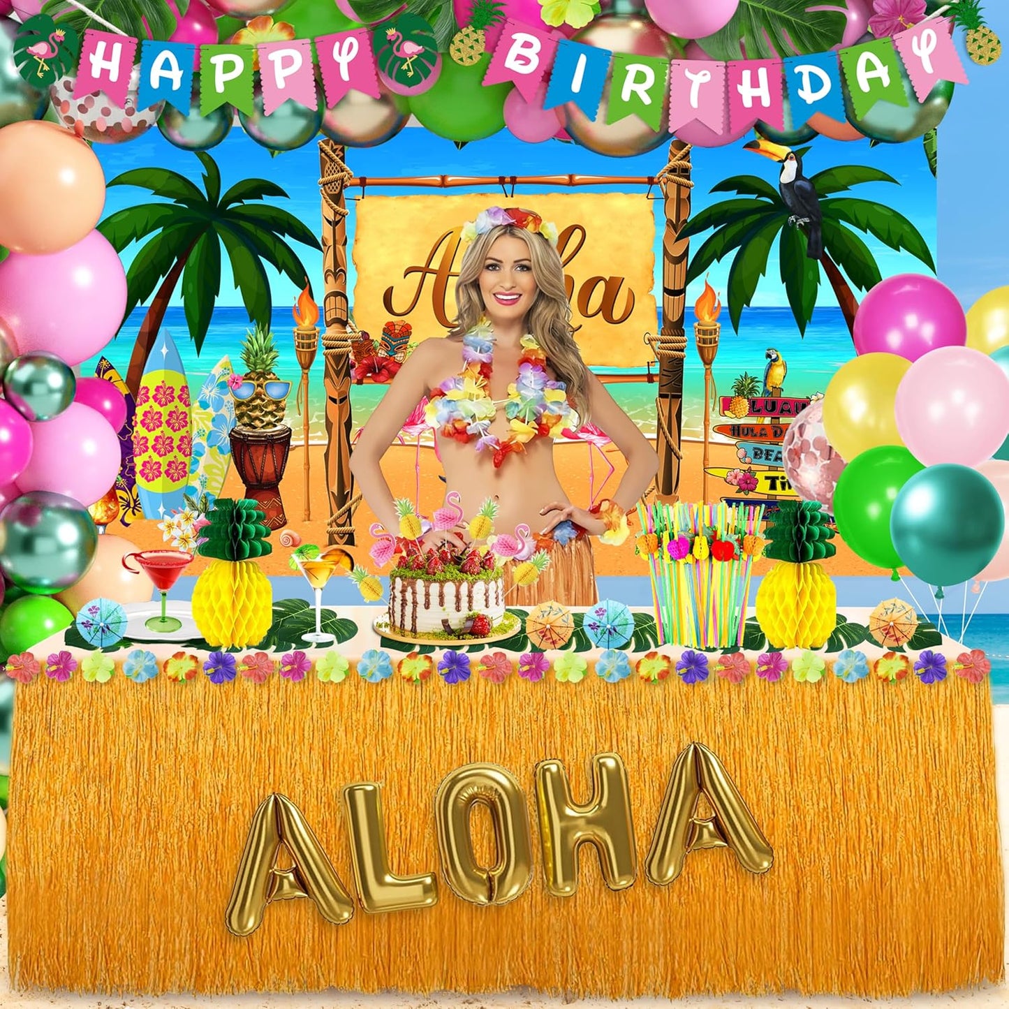Luau Birthday Party Decorations Hawaiian Party Decorations 169 Pcs Tropical Aloha Party Supplies for Summer Beach Holiday Including Balloon Arch Kit Backdrop Table Skirt Banner Cake Toppers Straws
