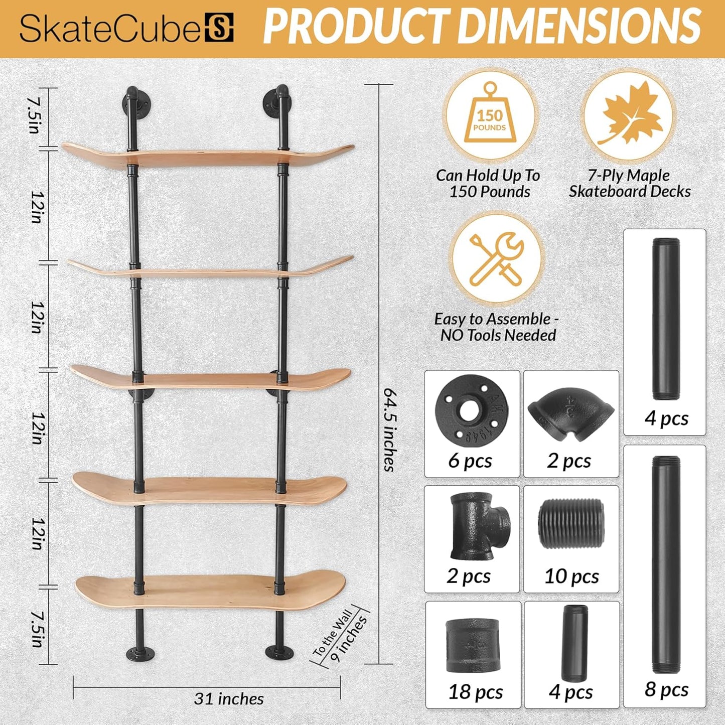 NEW - Industrial Shelves - 5 Tier Industrial Decor Pipe Bookcase Using 7 Ply Skateboard Decks - Natural Wood Stain Finish - Bathroom Wall Decor, Living Room Furniture, Book Shelf for Skateboard Enthusiasts - Retail $150