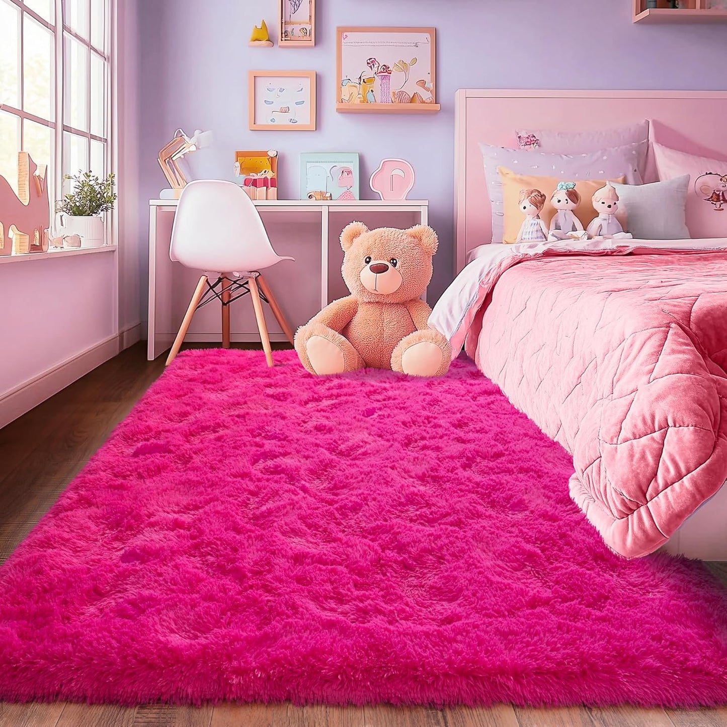 Hot Pink Fluffy Rug for Bedroom 5x7 ft - Ultra Soft & Non Slip Shaggy Area Rug, Comfy Girls Room Carpet for Living Room Kids Room Teens Dorm Home Decor, 1.7'' Thick Indoor Plush Carpets