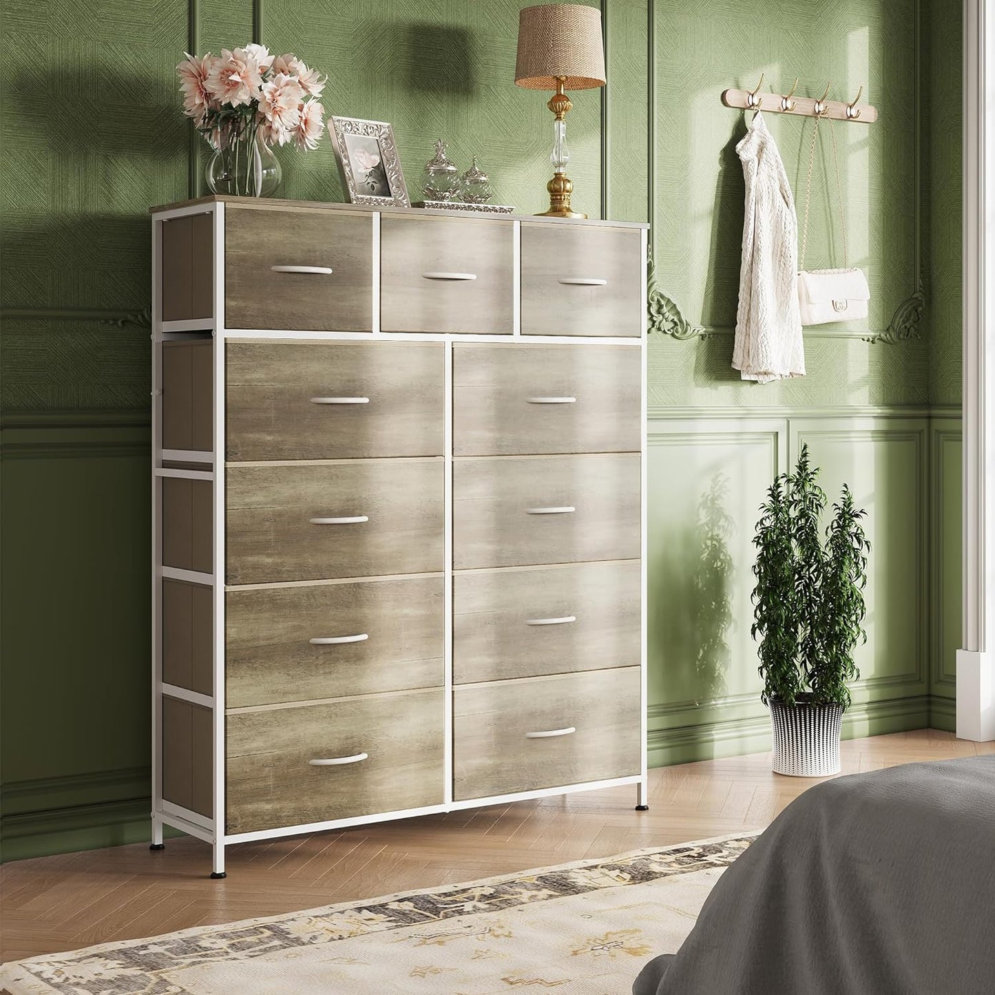 NEW - WLIVE 11-Drawer Dresser, Fabric Storage Tower for Bedroom, Hallway, Closets, Tall Chest Organizer Unit with Textured Print Fabric Bins, Steel Frame, Wood Top, Easy Pull Handle, Greige Oak - Retail $86