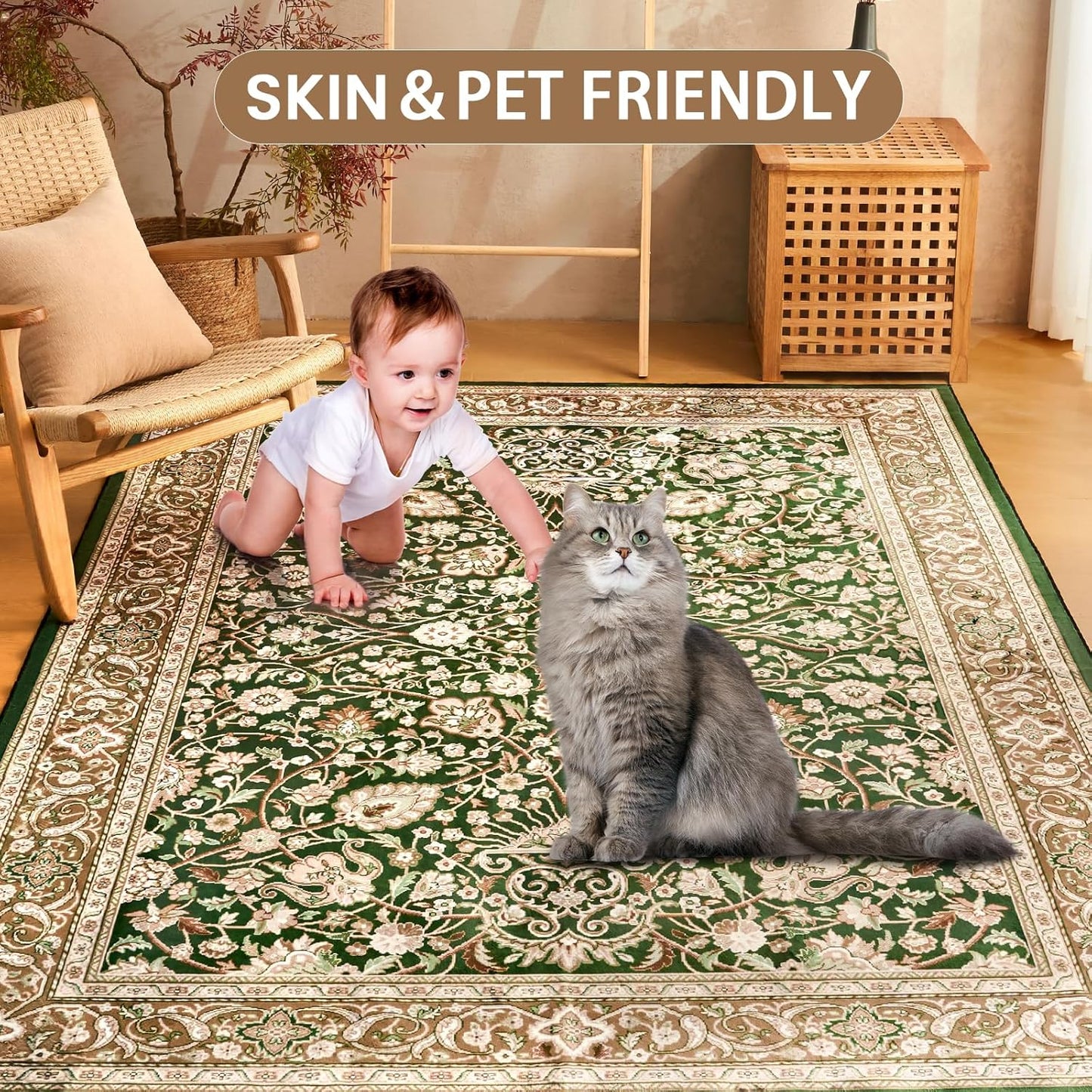 Area Rug 6x9 Washable Living Room Rug, Vintage Soft Boho Non-Slip/Non-Shedding Print Floor Carpet for Dining Room, Bedroom-Cyan