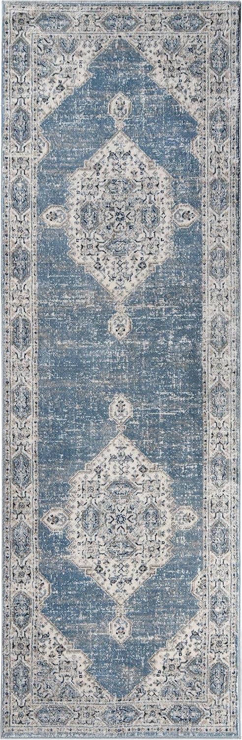 NEW - Superior Indoor Runner Rug, Cotton Backing, Vintage Medallion Rugs for Living Room, Kitchen Floors, Dining, Bedroom, Entryway, Modern Farmhouse Home Decor, Kailani Collection, 2 ft 7 in x 8 ft Blue/Cream - Retail $16