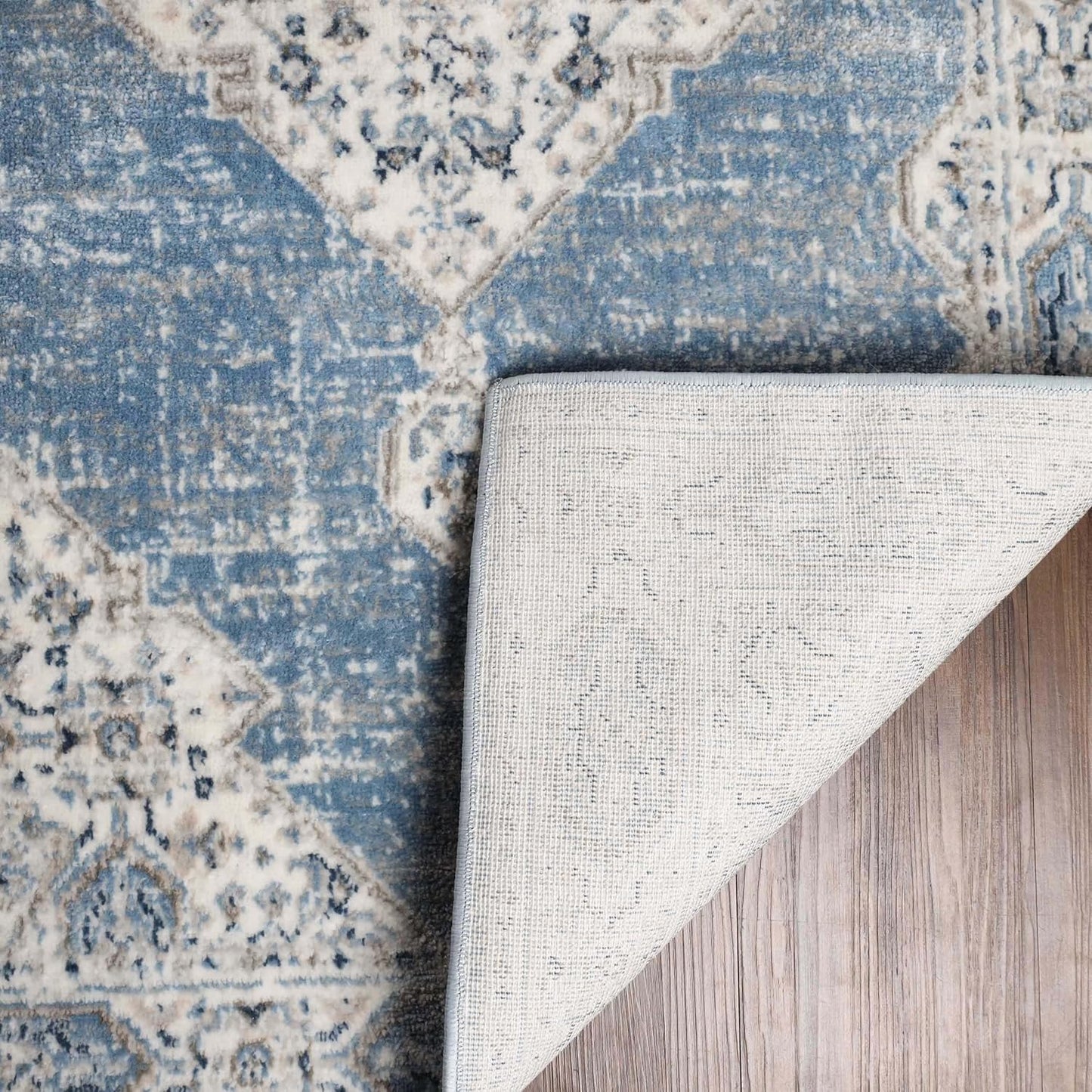 NEW - Superior Indoor Runner Rug, Cotton Backing, Vintage Medallion Rugs for Living Room, Kitchen Floors, Dining, Bedroom, Entryway, Modern Farmhouse Home Decor, Kailani Collection, 2 ft 7 in x 8 ft Blue/Cream - Retail $16