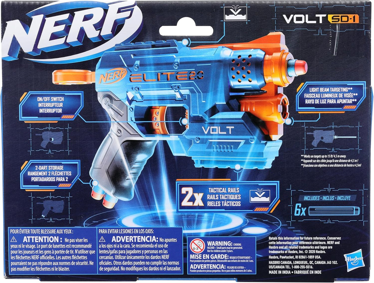 Nerf Elite 2.0 Volt SD-1 Blaster, 6 Official Nerf Darts, 2 Tactical Rails to Customize for Battle, Christmas Stocking Stuffers for Kids Ages 8 and Up