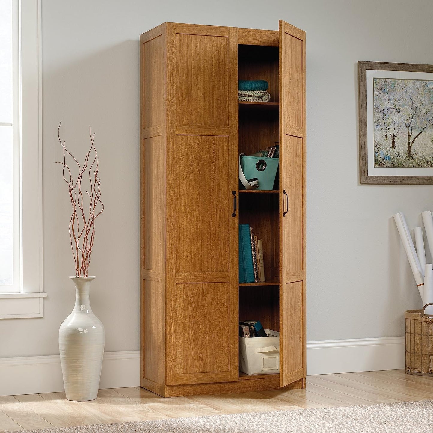 NEW - Sauder Miscellaneous Storage Pantry cabinets, L: 29.61" x W: 16.10" x H: 71.10", Highland Oak finish - Retail $188