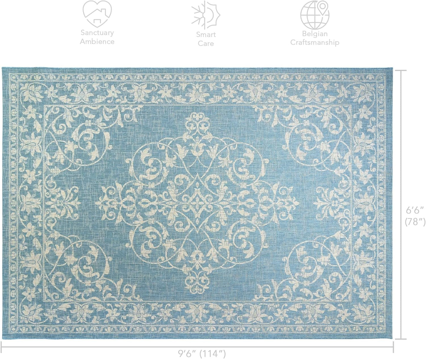 NEW - Gertmenian Indoor Outdoor Area Rug, Classic Flatweave, Washable, Stain & UV Resistant Carpet, Deck, Patio, Poolside & Mudroom, 6x9 Ft Medium, Center Medallion, Aqua Blue, 22255 - Retail $124