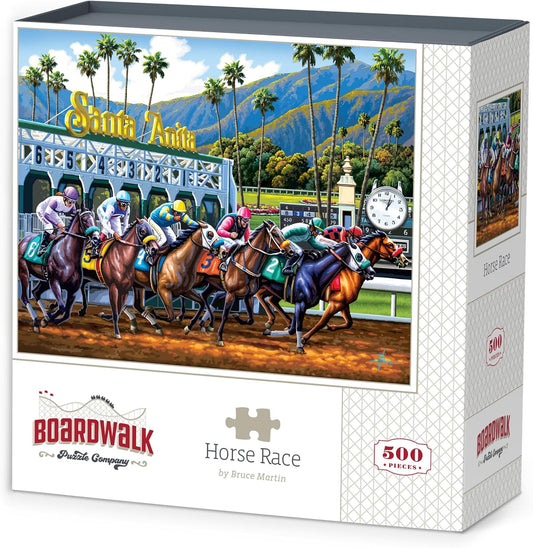 Boardwalk Puzzles Horse Race, 500 Piece Jigsaw Puzzle for Adults, Made in USA - Retail $25