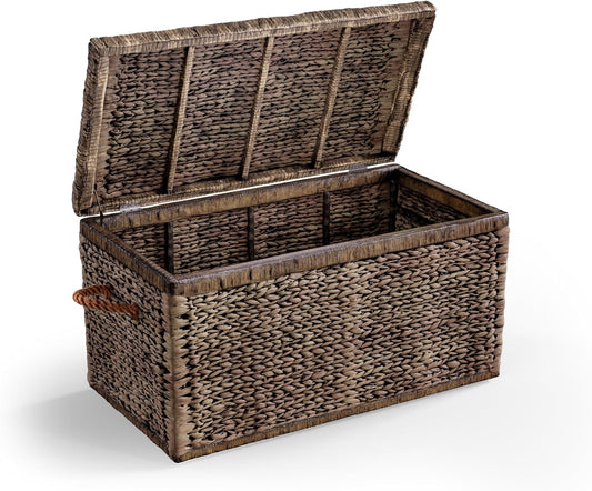 NEW - Click365 Storage Trunk, Farmhouse Style, Extra Large, Deep, Woven Wicker Chest With Metal Frame, 2 Handles, Flip Top Lid and Stay Open Safety Hinges, Sustainable Eco Material, Rustic Brown - Retail $138