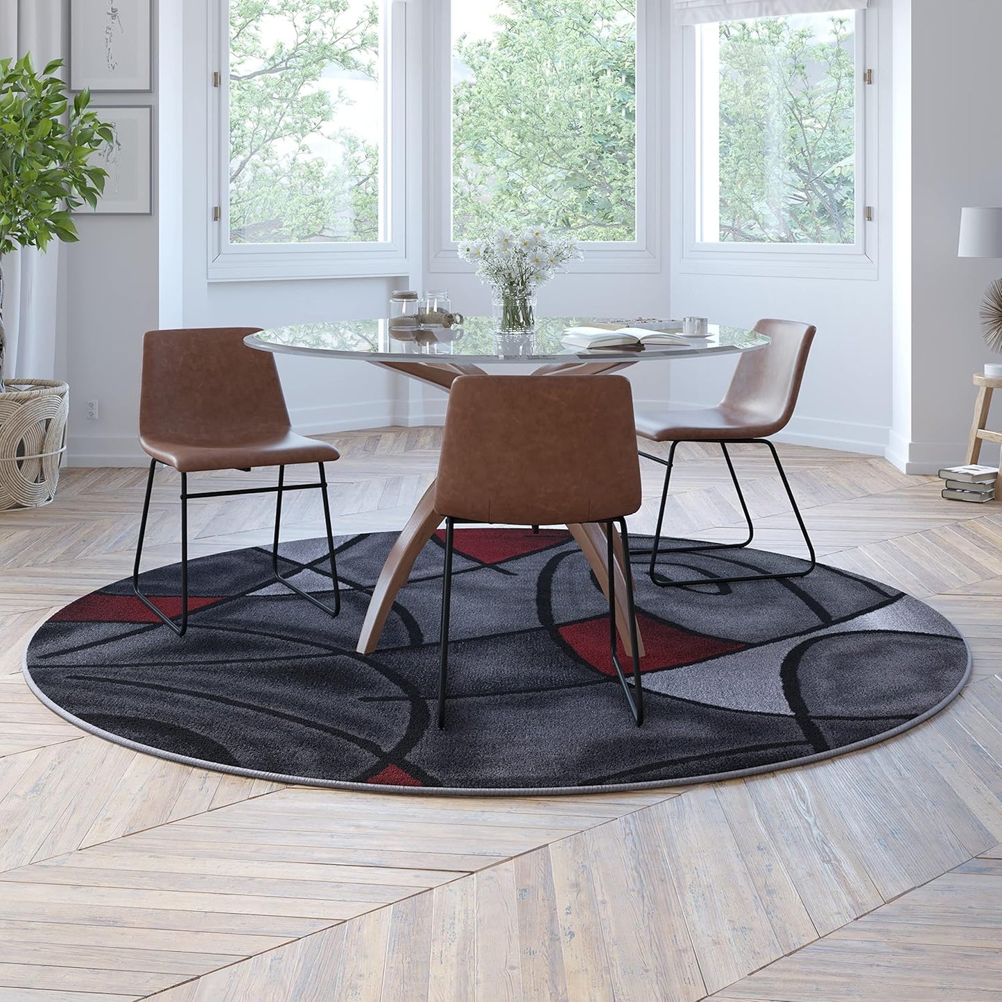 Flash Furniture 7' x 7'  Jubilee Collection Abstract Area Rug - Colorfast Red Olefin Rug - 7' x 7' Round Area Rug - Jute Backing - Living Room, Bedroom, & Family Room