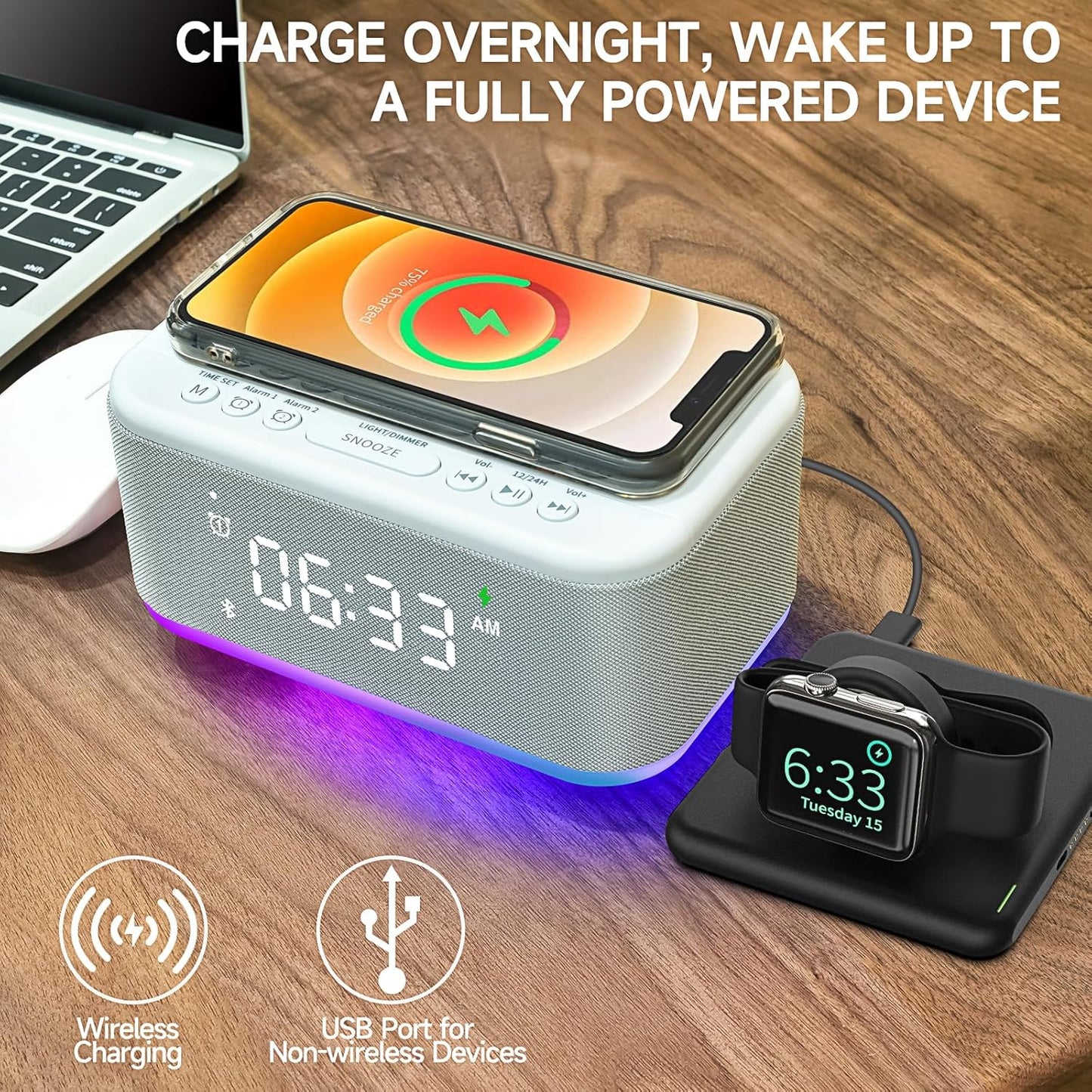 Alarm Clock Speaker Wireless Charger, Digital Alarm Clocks Bedrooms Bluetooth, Alarm Clock Dimmable Light Bedrooms Dual Alarm Snooze Dimmer 12 24H RGB Night Light Bluetooth USB AUX, White