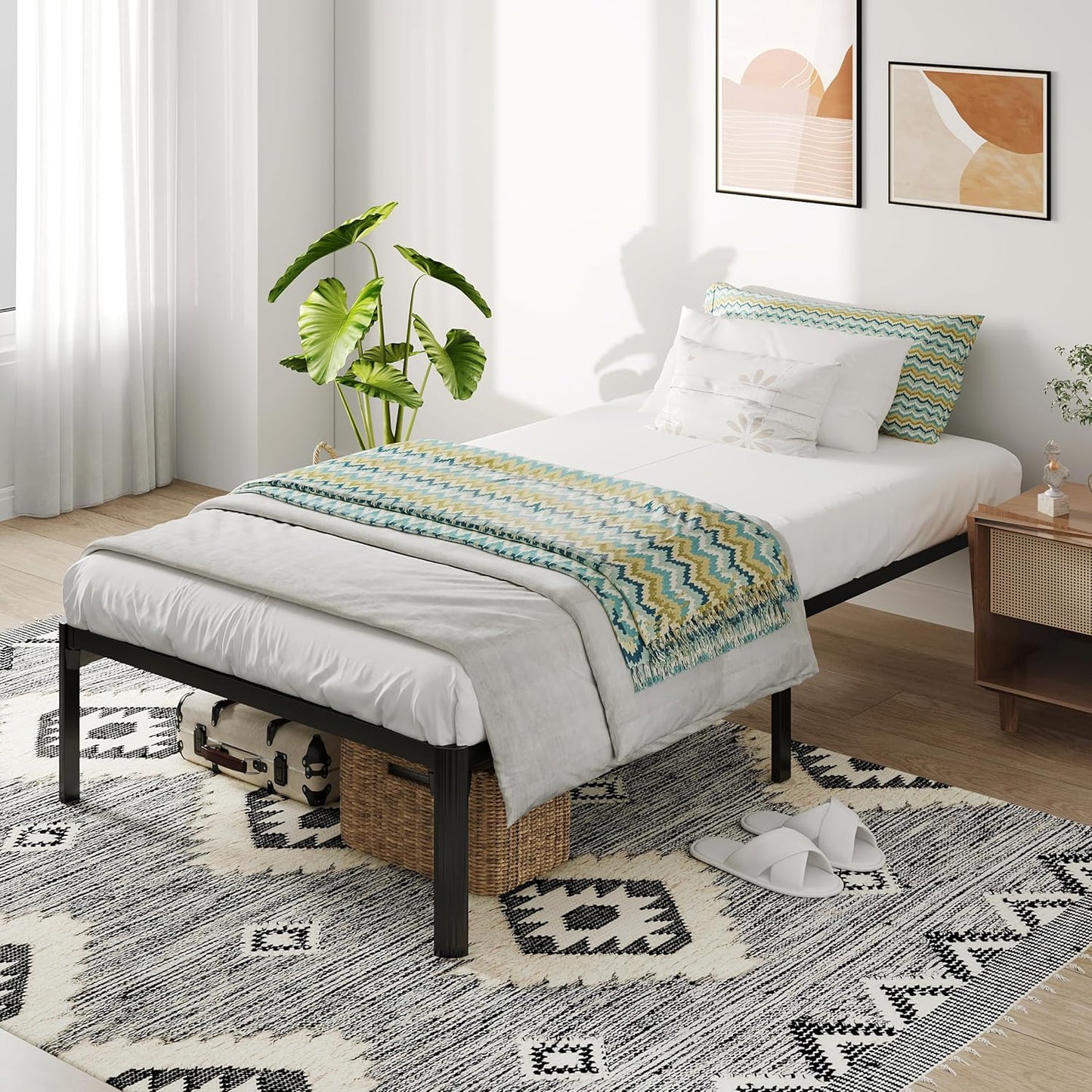 TWIN Size Bed Frame 14 Inch, Express Setup Heavy Duty Metal Frames with Steel Slats Support Ample Storage Screw Free Design, No Box Spring Needed, Noise Free, Black