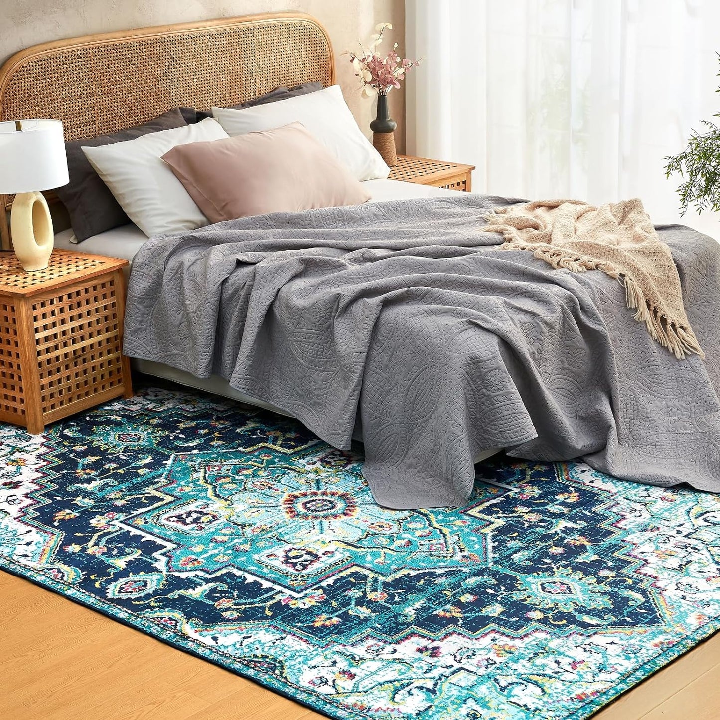 Area Rug 6x9 Washable Living Room Rug, Vintage Soft Boho Non-Slip/Non-Shedding Print Floor Carpet for Dining Room, Bedroom-Green - Retail $90