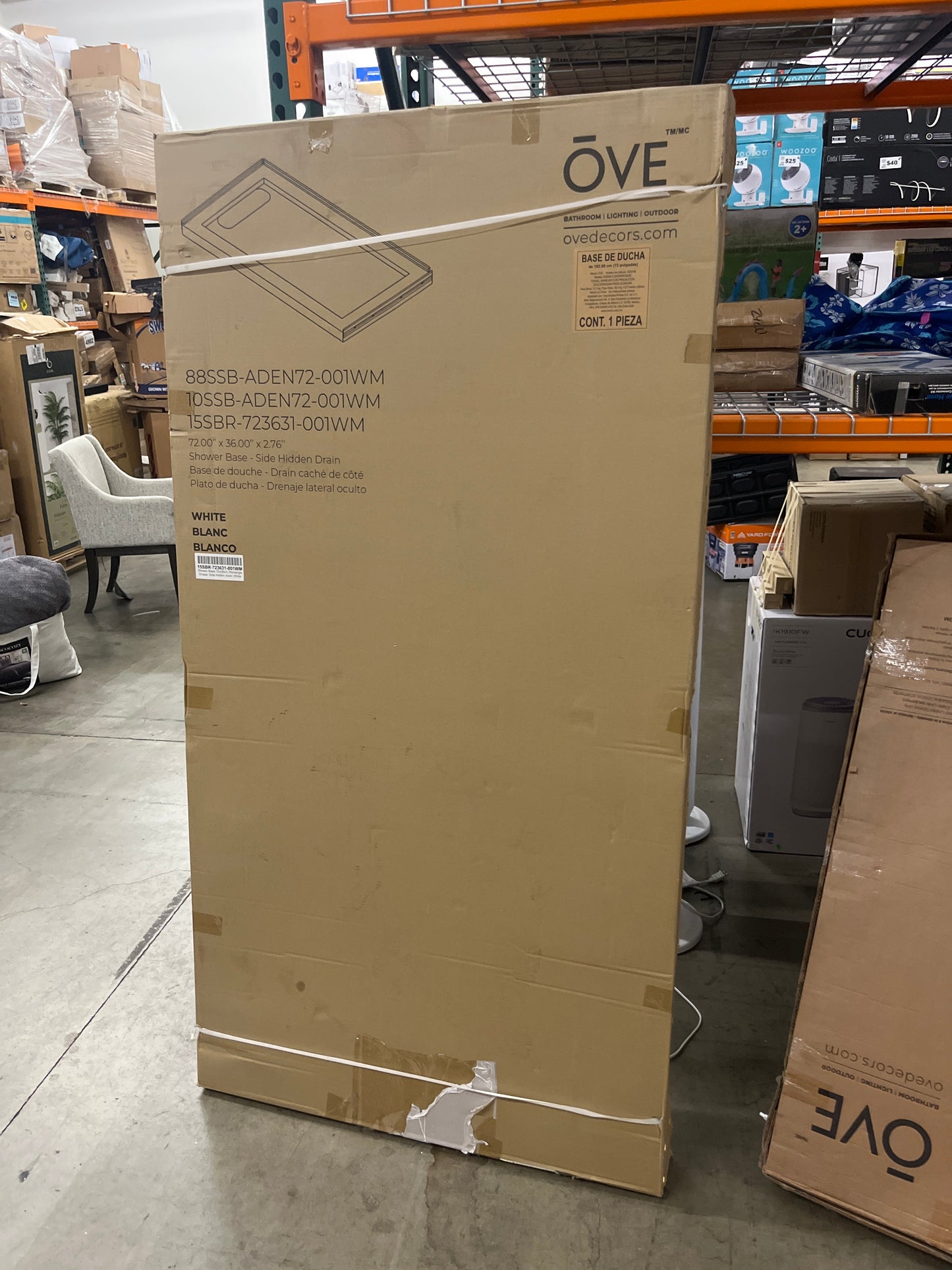 NEW - Ove Decors Adena 36" x 72" Rectangular Shower Base with Single Threshold and Reversible Drain - Retail $420