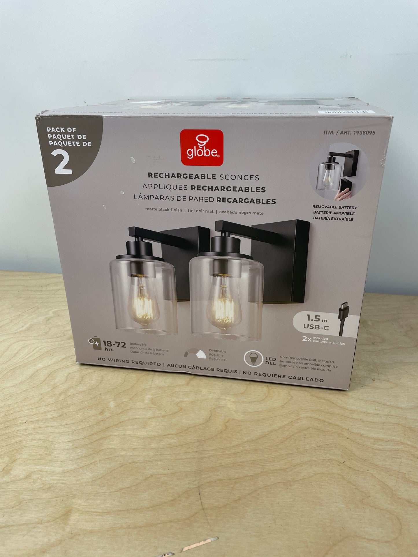 Globe Electric Rechargeable Glass Wall Sconce, 2-pack