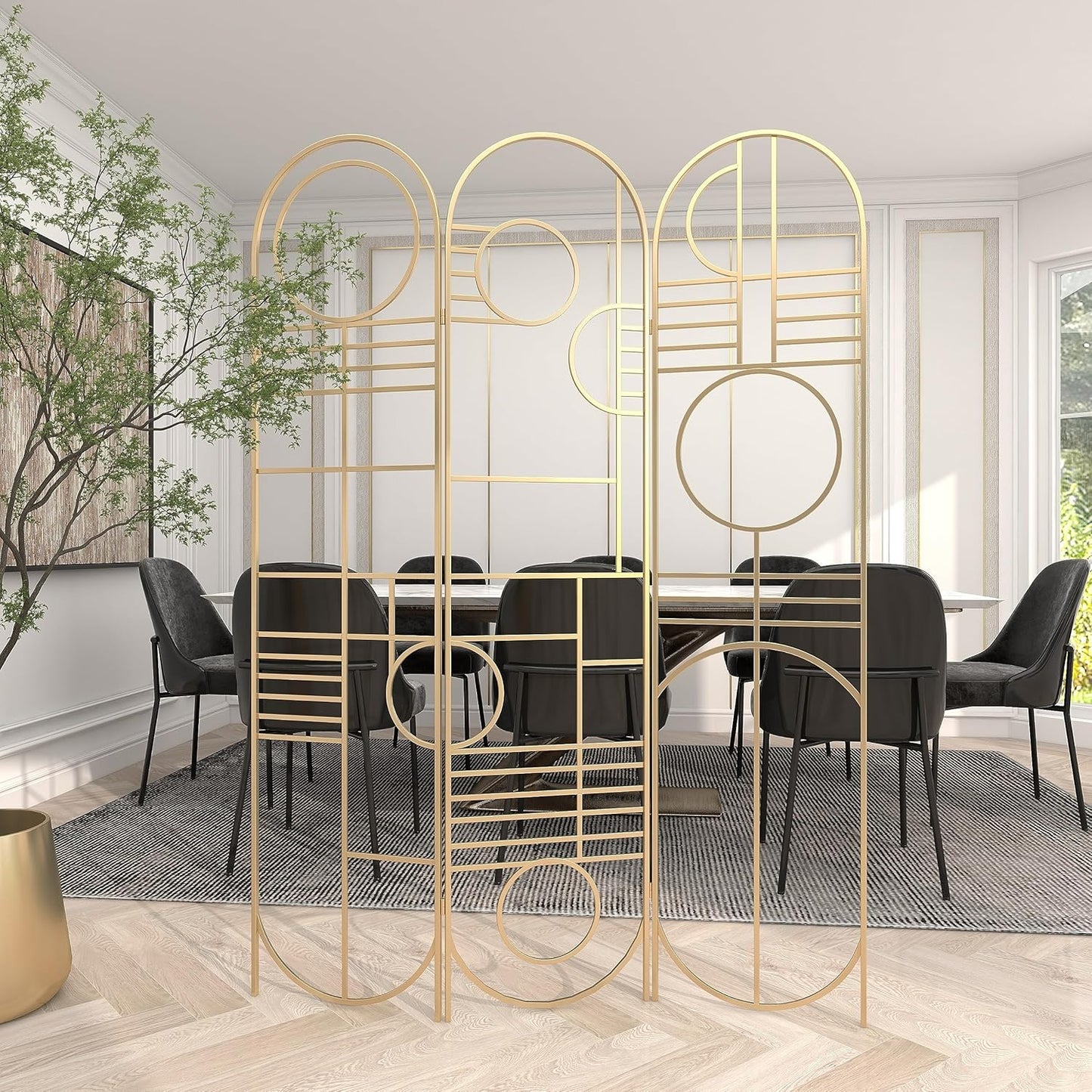 NEW - Deco 79 Metal Geometric Partition Room Divider Screen Hinged Foldable Arched Partition 3 Panel Privacy Screen, Room Partition 50" x 1" x 69", Gold - Retail $113