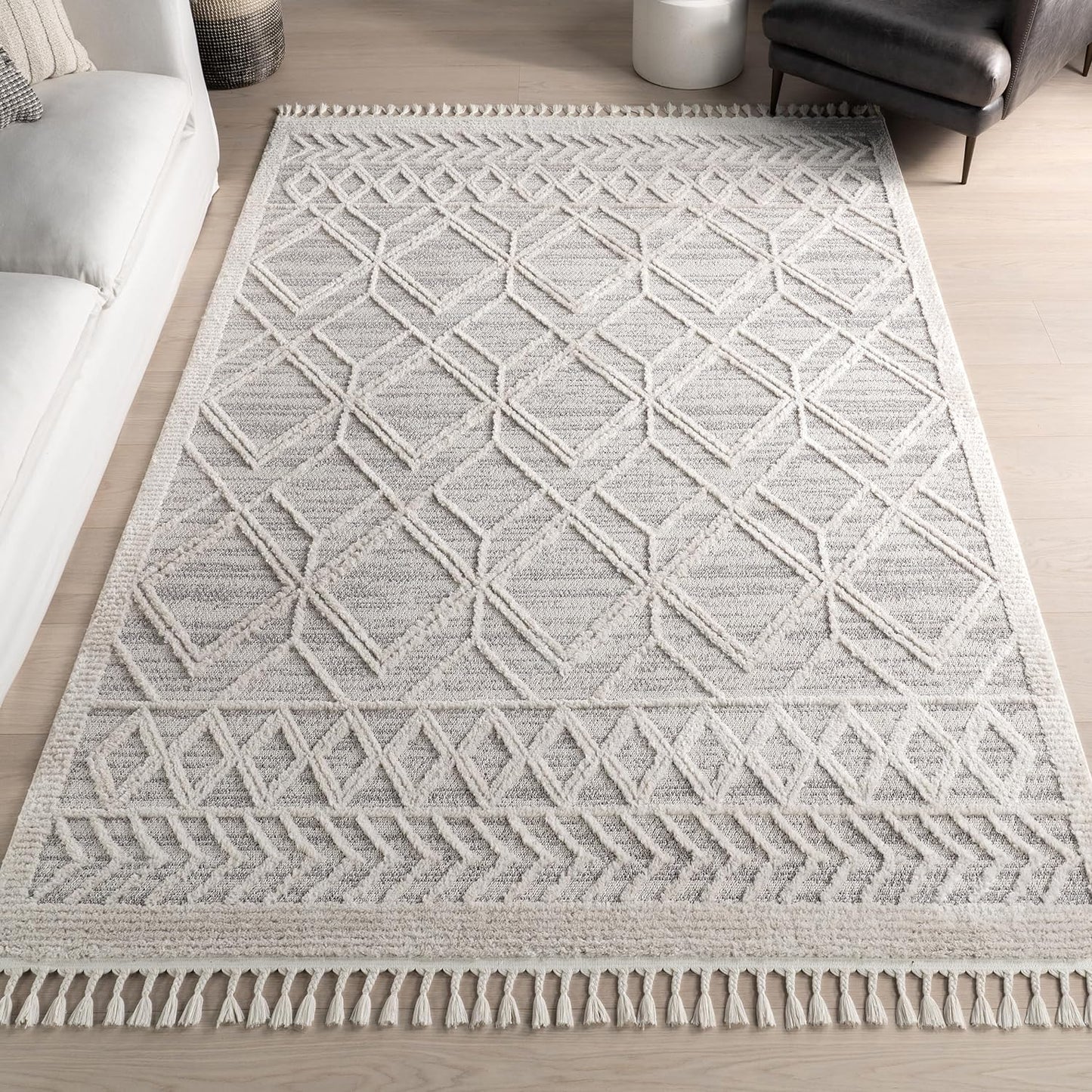 NEW - nuLOOM Ansley Moroccan Lattice Tassel Area Rug - 7x9 Area Rug Modern/Contemporary Light Grey/Off-White Rugs for Living Room Bedroom Dining Room Kitchen - Retail $180
