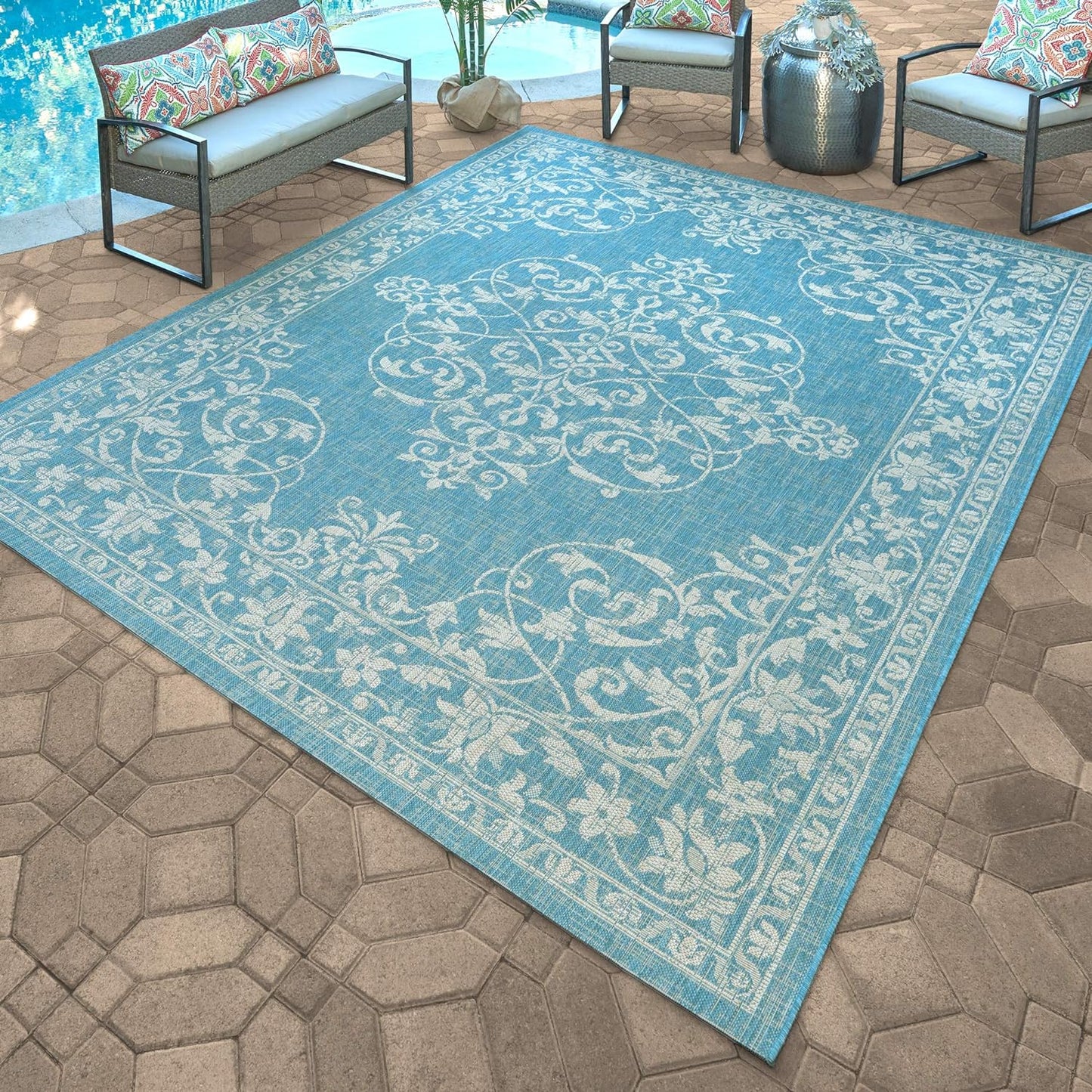 NEW - Gertmenian Indoor Outdoor Area Rug, Classic Flatweave, Washable, Stain & UV Resistant Carpet, Deck, Patio, Poolside & Mudroom, 6x9 Ft Medium, Center Medallion, Aqua Blue, 22255 - Retail $124