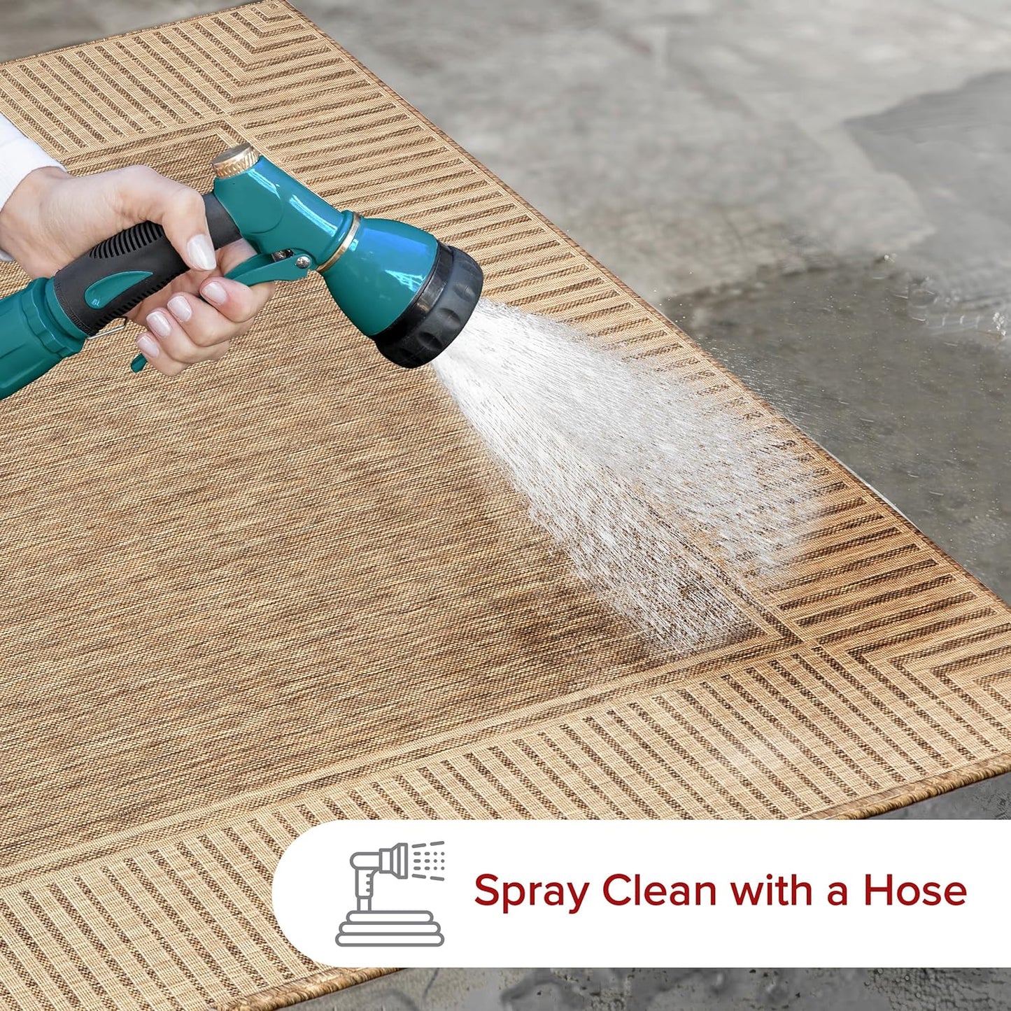 NEW - nuLOOM 10' x 12' Outdoor Area Rug, Casual Design With Striped Border, Stain Resistant, Highly Durable, For Patio, Balcony, Bedroom, Living Room, Dining Room, Bathroom, Light Brown