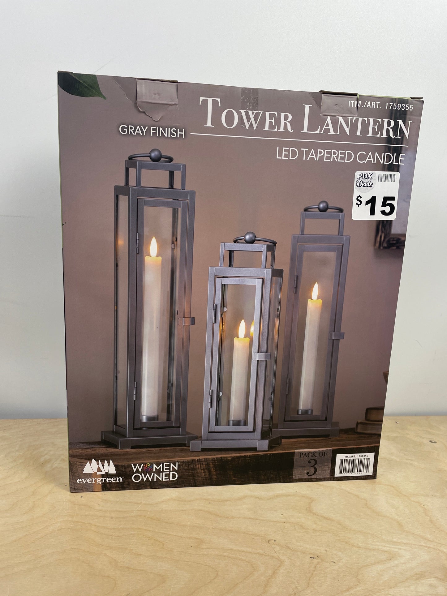 Tower Lantern 3 Pack LED Tapered Candle, Gray Finish