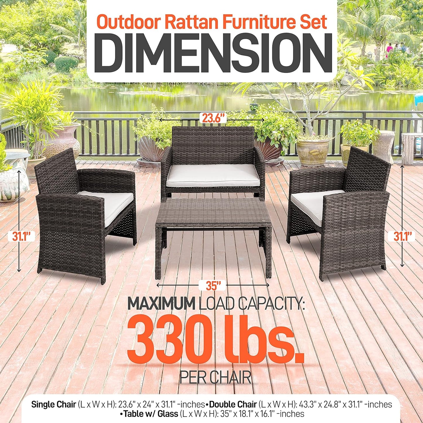 NEW - SereneLife Porch Furniture 4 Piece Accessories and Decor Outdoor, Balcony Patio Conversation, Bistro Set, PE Rattan Wicker Chairs w/Soft Cushion & Glass Coffee Table-SLOTFX5, Brown - Retail $218