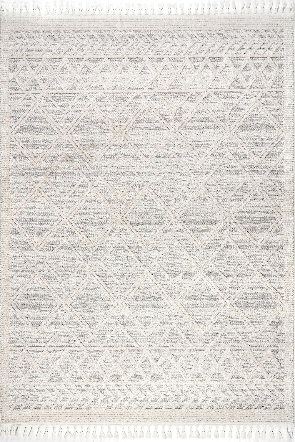 NEW - nuLOOM Ansley Moroccan Lattice Tassel Area Rug - 7x9 Area Rug Modern/Contemporary Light Grey/Off-White Rugs for Living Room Bedroom Dining Room Kitchen - Retail $180