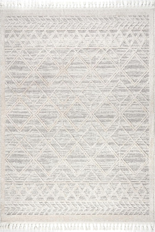 NEW - nuLOOM Ansley Moroccan Lattice Tassel Area Rug - 7x9 Area Rug Modern/Contemporary Light Grey/Off-White Rugs for Living Room Bedroom Dining Room Kitchen - Retail $180
