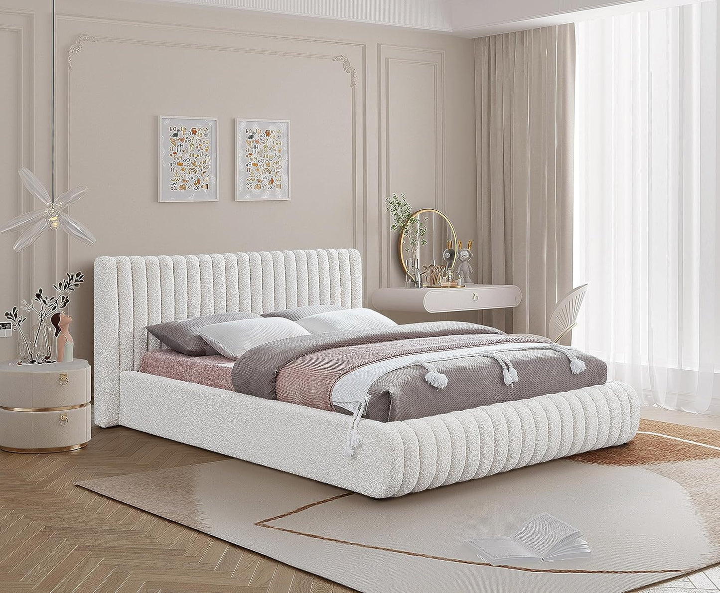 Meridian Furniture NashCream-F Nash Collection Modern | Contemporary Boucle Fabric Upholstered Full Bed with Rich Cream Boucle Fabric and Deep Channel Tufting, 68" W x 86" D x 38" H, Cream, Full