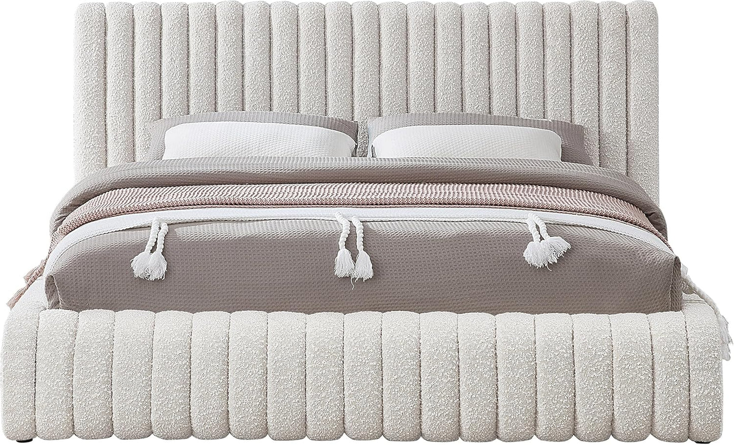 Meridian Furniture NashCream-F Nash Collection Modern | Contemporary Boucle Fabric Upholstered Full Bed with Rich Cream Boucle Fabric and Deep Channel Tufting, 68" W x 86" D x 38" H, Cream, Full