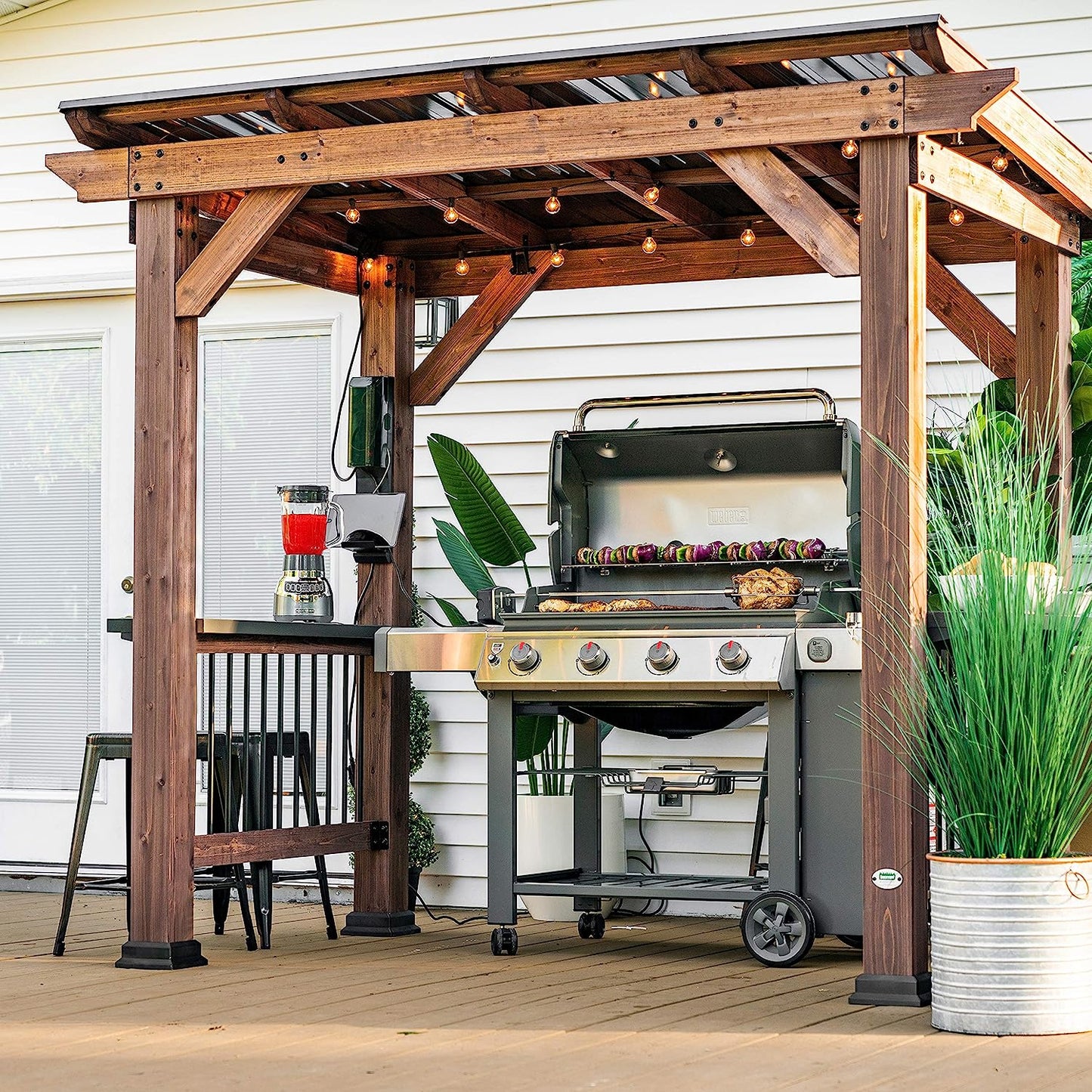 NEW - Backyard Discovery Saxony Wooden Grill Gazebo, Insulated Steel Roof, Cook Station, Barbeque, Patio, Deck, Withstand Wind and Snow, Corrosion Resistant, Reduce Heat Transfer, Power Ports, Walnut - Retail $1199