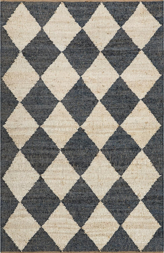 NEW - Rugs USA x Arvin Olano Louie Diamond Checkerboard Jute Area Rug, 5' x 8', Charcoal - Retail $363