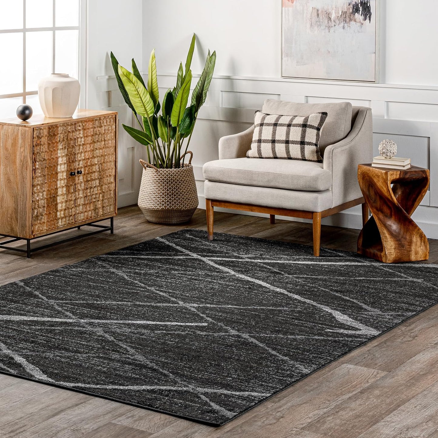 NEW - nuLOOM 7x9 Thigpen Contemporary Area Rug, Charcoal, Abstract Lines, Non-Slip Backing, Stain Resistant, For Bedroom, Dining Room, Living Room, Hallway, Office, Kitchen, Entryway - Retail $90