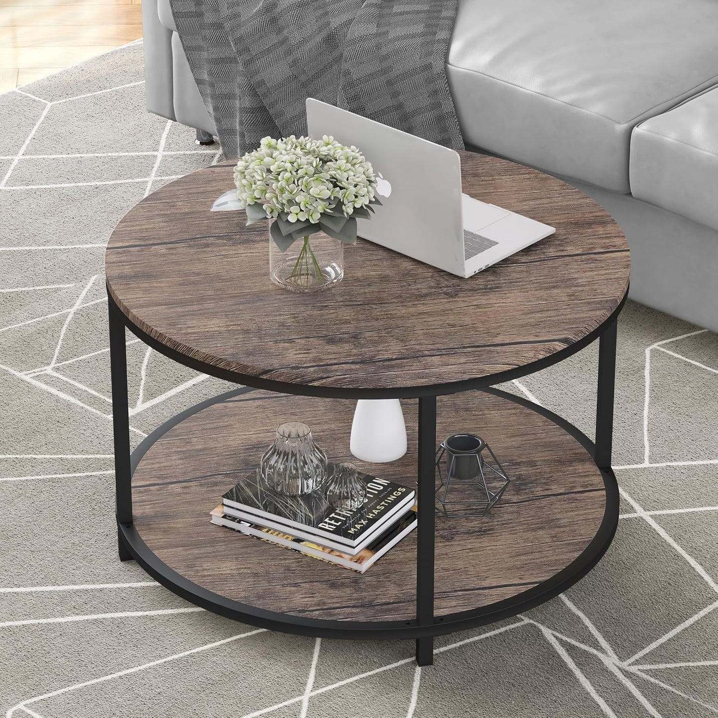 NSdirect Round Coffee Table, 25.6" Small Wood Coffee Table for Living Room, Rustic Modern Farmhouse Style, 2-Tier Storage Shelf Compact Space-Saving Design for Small Spaces(Dark Walnut) - Retail $89