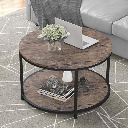 NSdirect Round Coffee Table, 25.6" Small Wood Coffee Table for Living Room, Rustic Modern Farmhouse Style, 2-Tier Storage Shelf Compact Space-Saving Design for Small Spaces(Dark Walnut) - Retail $89