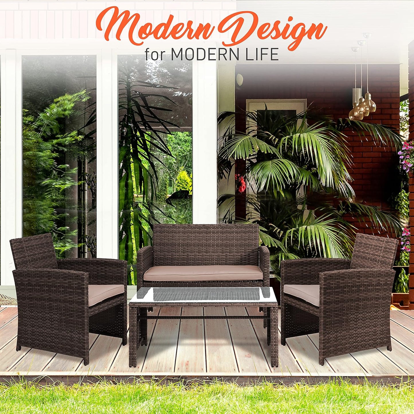 NEW - SereneLife Porch Furniture 4 Piece Accessories and Decor Outdoor, Balcony Patio Conversation, Bistro Set, PE Rattan Wicker Chairs w/Soft Cushion & Glass Coffee Table-SLOTFX5, Brown - Retail $218