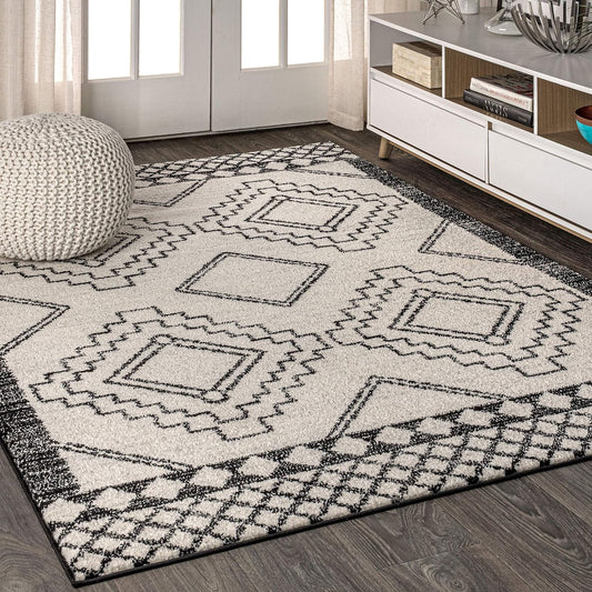 JONATHAN Y MOH200A-8 Amir Moroccan Beni Souk Indoor Area-Rug Bohemian Farmhouse Rustic Geometric Easy-Cleaning Bedroom Kitchen Living Room Non Shedding, 8 X 10, Cream,Black - Retail $110