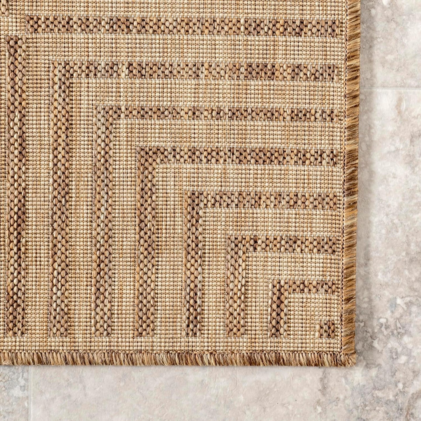 NEW - nuLOOM 10' x 12' Outdoor Area Rug, Casual Design With Striped Border, Stain Resistant, Highly Durable, For Patio, Balcony, Bedroom, Living Room, Dining Room, Bathroom, Light Brown