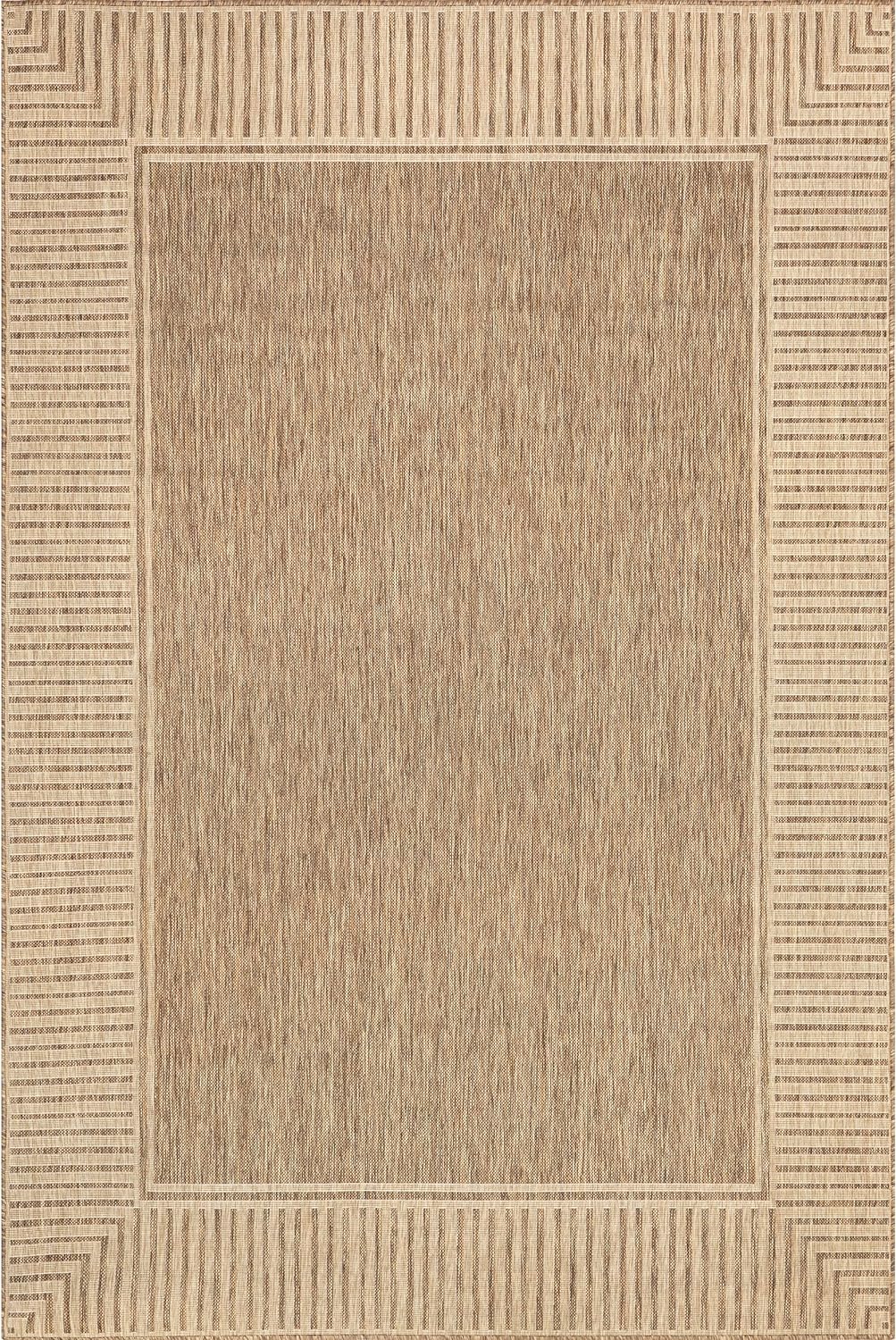 NEW - nuLOOM 10' x 12' Outdoor Area Rug, Casual Design With Striped Border, Stain Resistant, Highly Durable, For Patio, Balcony, Bedroom, Living Room, Dining Room, Bathroom, Light Brown