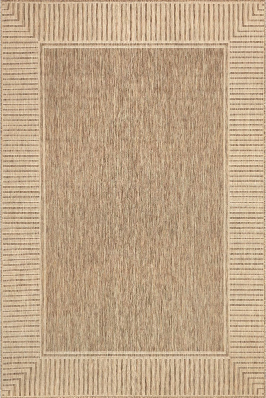 NEW - nuLOOM 10' x 12' Outdoor Area Rug, Casual Design With Striped Border, Stain Resistant, Highly Durable, For Patio, Balcony, Bedroom, Living Room, Dining Room, Bathroom, Light Brown