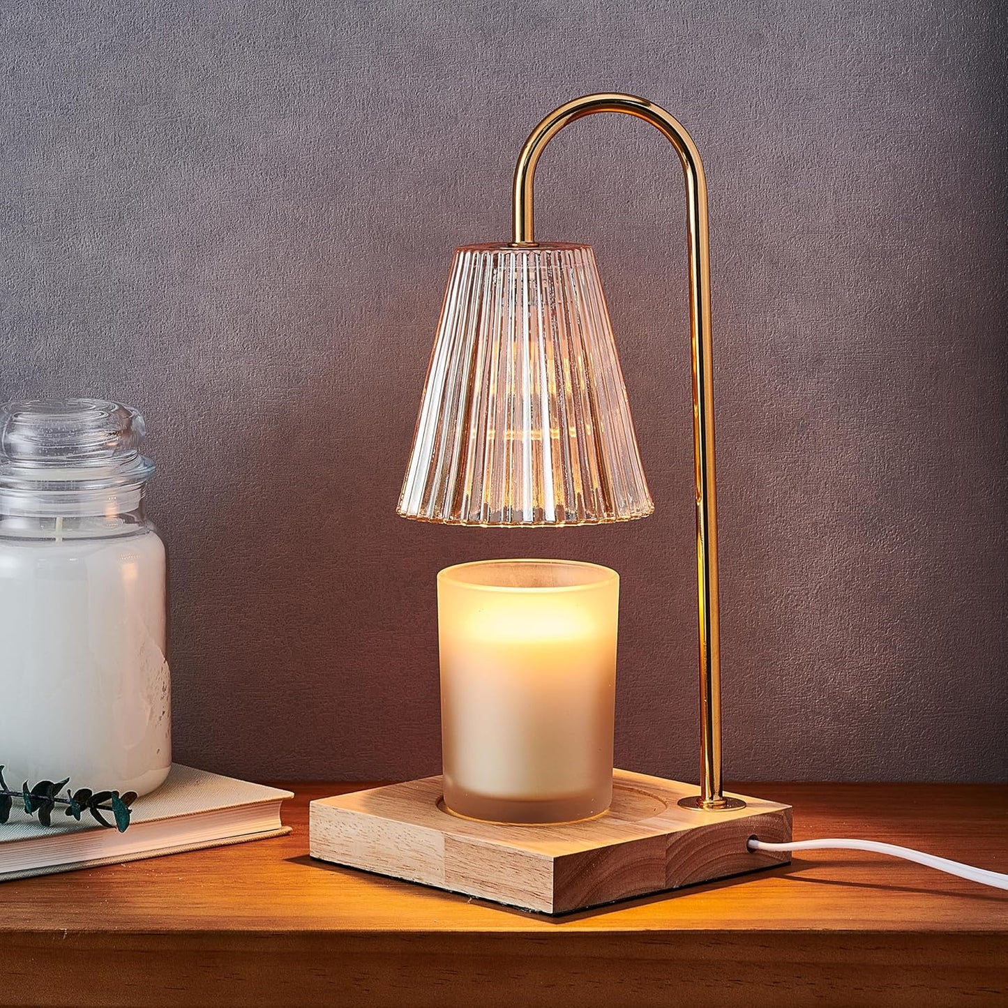 Mikasa Electric Candle Warmer with Glass Shade and Wood Base - Candle Lamp Warmer with Amber Accents - Fits 4 Inch Diameter 5 Inch Tall Candles - Flameless Wax Melter for Home Decor