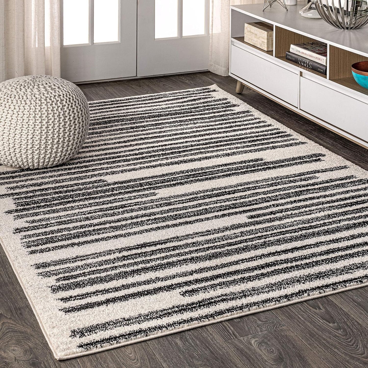 JONATHAN Y MOH207A-8 Khalil Modern Berber Stripe Indoor Farmhouse Area-Rug Bohemian Minimalistic Striped Easy-Cleaning Bedroom Kitchen Living Room Non Shedding, 8 X 10, Cream,Black - Retail $122